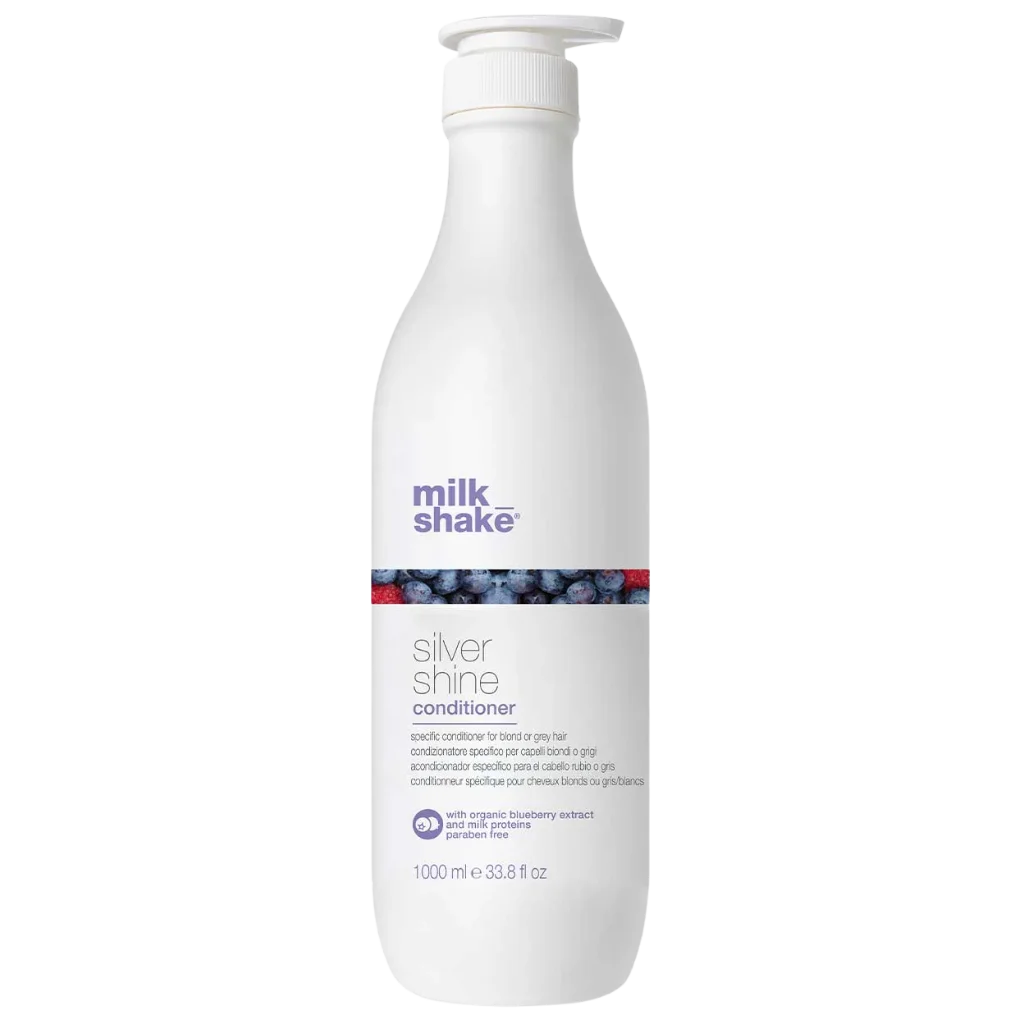 milk_shake Silver Shine Conditioner at MANEPRINT – a violet conditioner that softens hair, neutralizes yellow tones, and enhances the vibrancy of blonde and grey shades. (1)