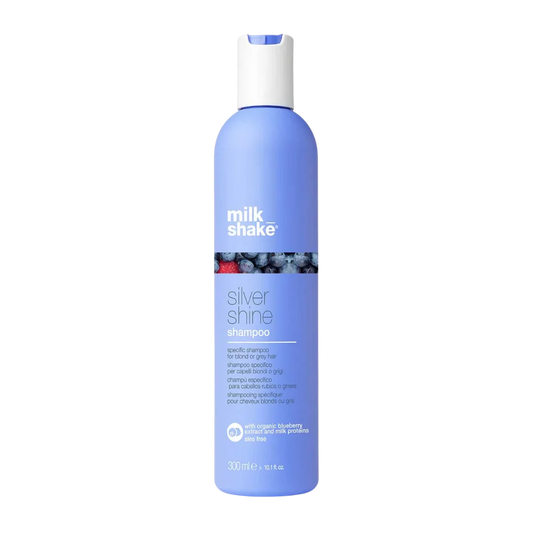 milk_shake Silver Shine Shampoo at MANEPRINT – a violet-pigmented shampoo that neutralizes yellow tones, enhances blonde and grey hair, and adds shine.