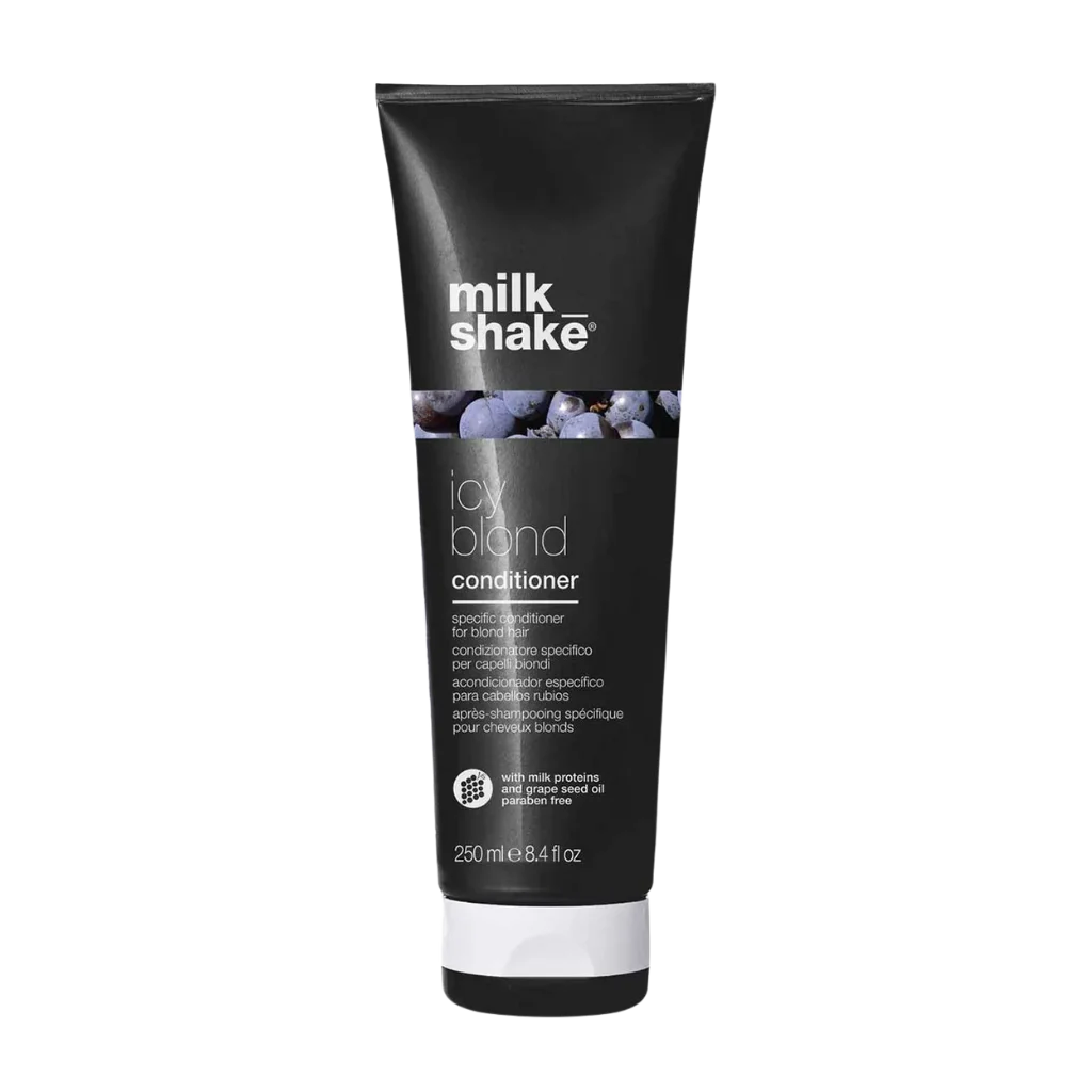 milk_shake Icy Blonde Conditioner at MANEPRINT – a violet-pigmented conditioner that nourishes hair, reduces yellow tones, and enhances cool, icy blonde shades.