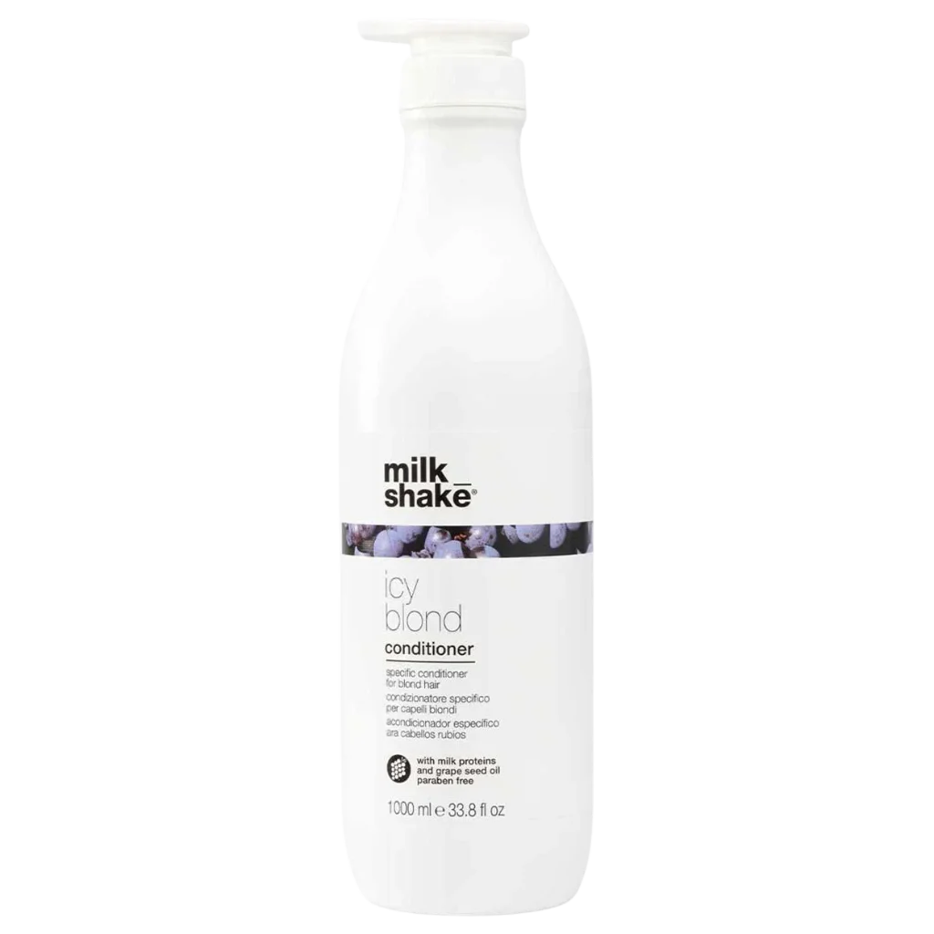 milk_shake Icy Blonde Conditioner at MANEPRINT – a violet-pigmented conditioner that nourishes hair, reduces yellow tones, and enhances cool, icy blonde shades. (2)