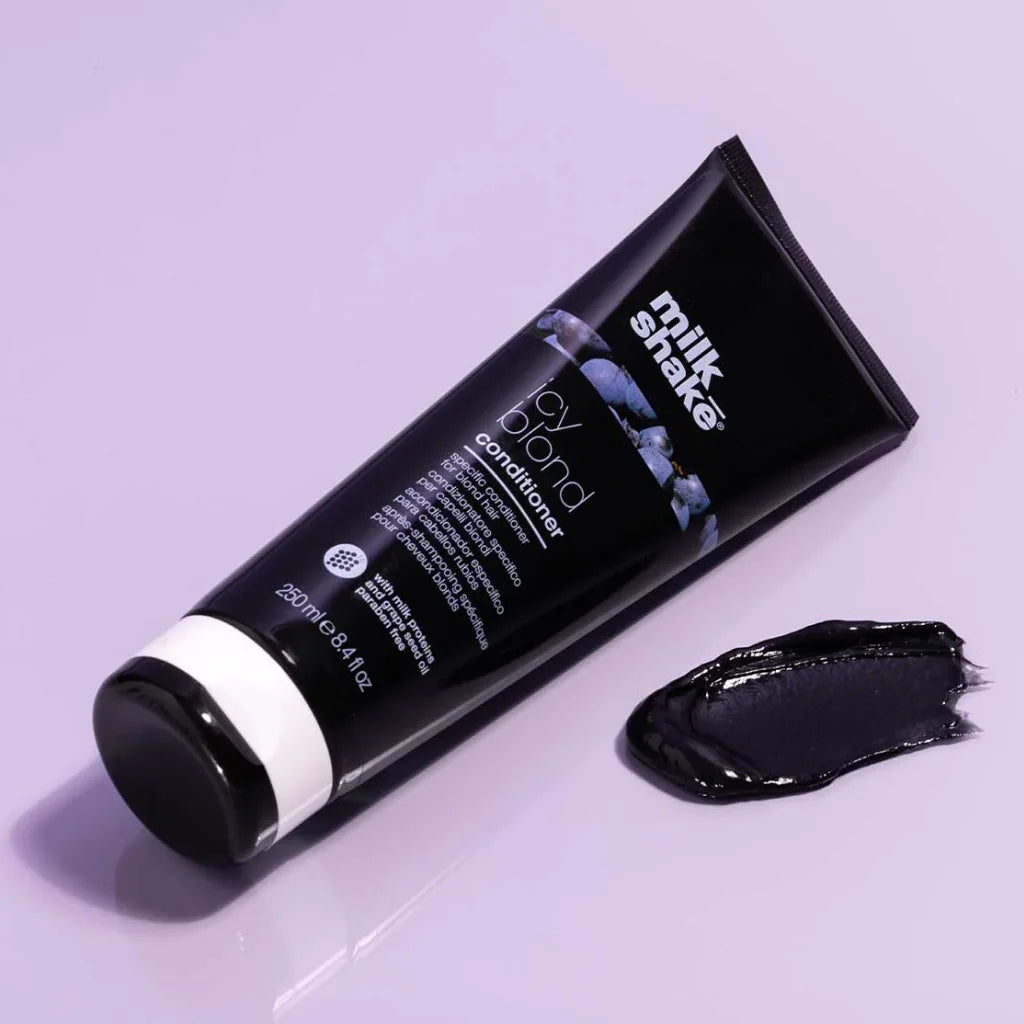 milk_shake Icy Blonde Conditioner at MANEPRINT – a violet-pigmented conditioner that nourishes hair, reduces yellow tones, and enhances cool, icy blonde shades. (1)