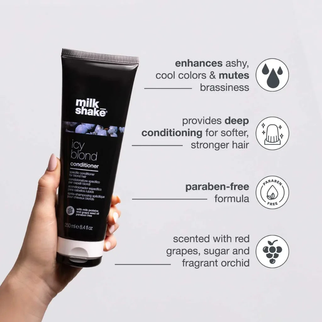 milk_shake Icy Blonde Conditioner at MANEPRINT – a violet-pigmented conditioner that nourishes hair, reduces yellow tones, and enhances cool, icy blonde shades. (3)